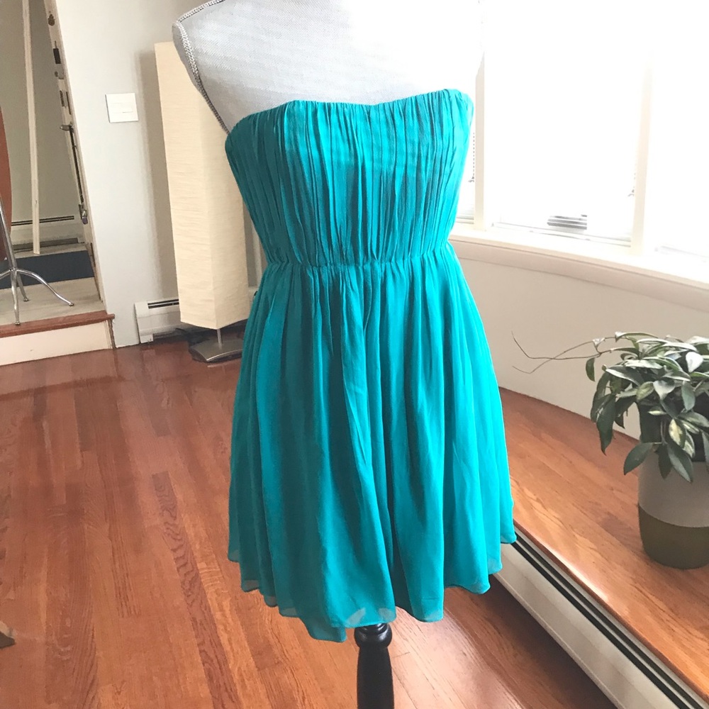 Alice + Olivia Silk Pleated Strapless Dress, Aqua Draped